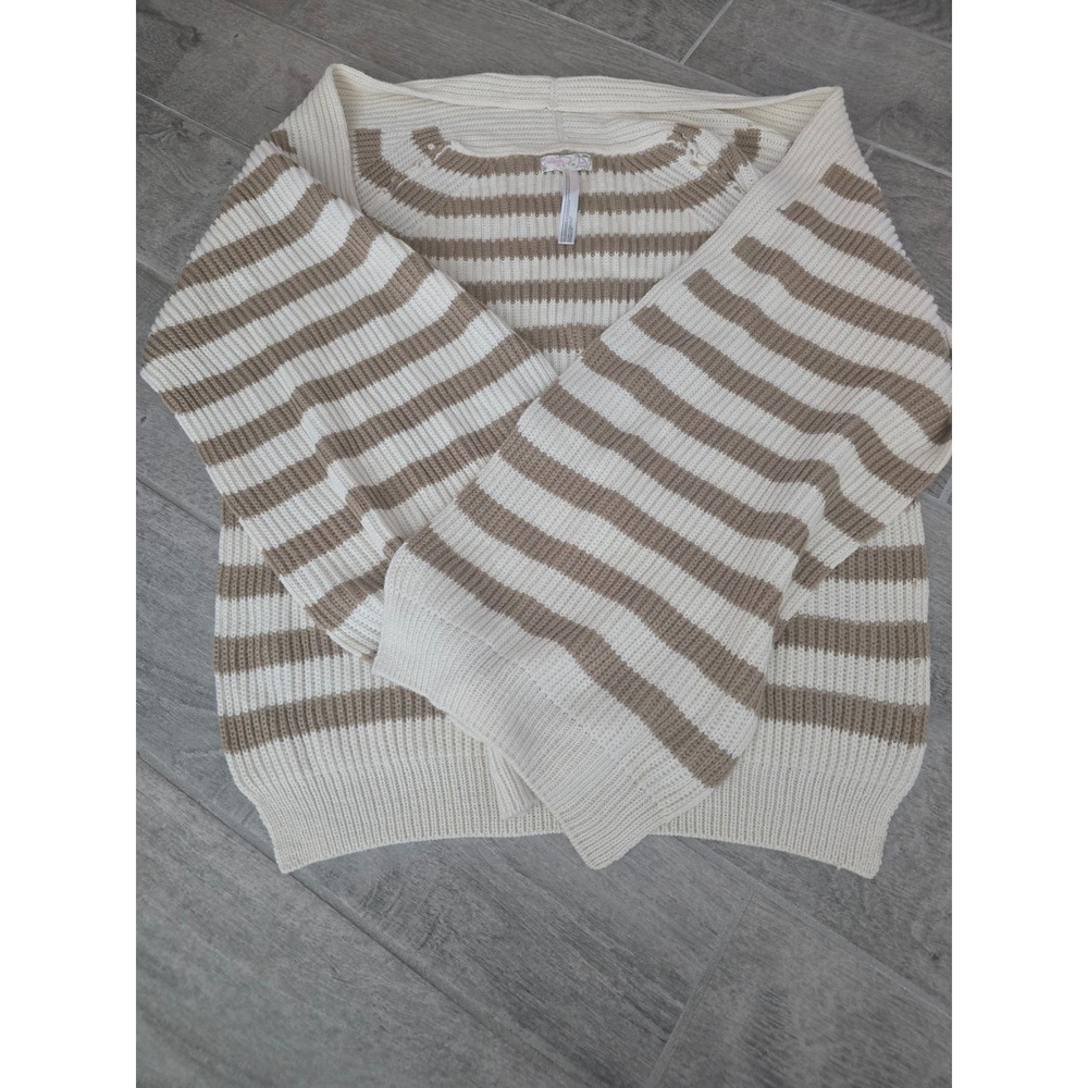 Free‎ People Womens Striped Chunky Knit Sweater Shawl Cream Tan One Size Preppy